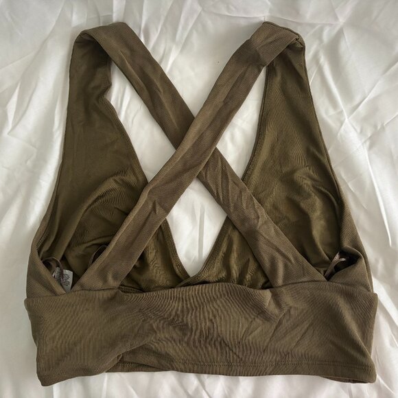 Dynamite Crossover Crop Tops in Olive and Beige - Picture 3 of 7